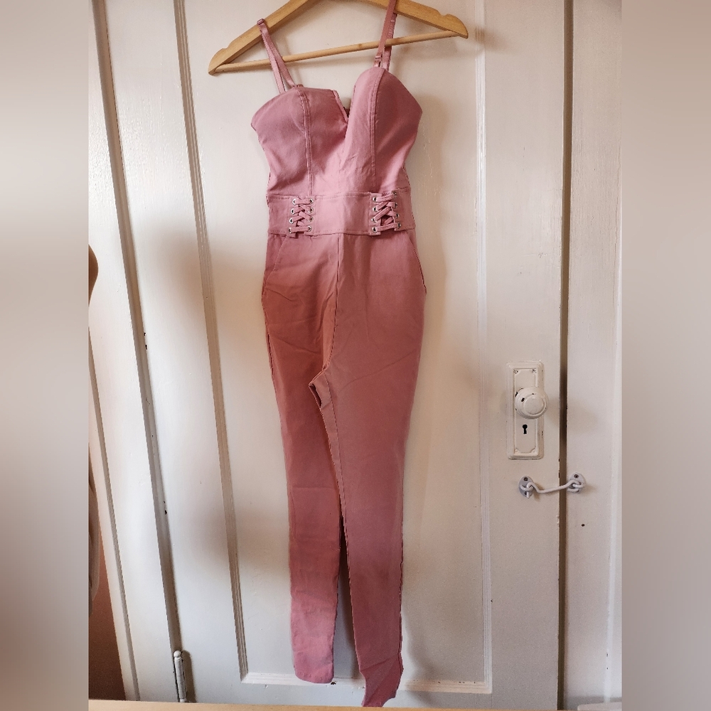 Material Girl Sz S Blush Pink Strapless Notch-Neck Lace-Up Corset Waist Jumpsuit